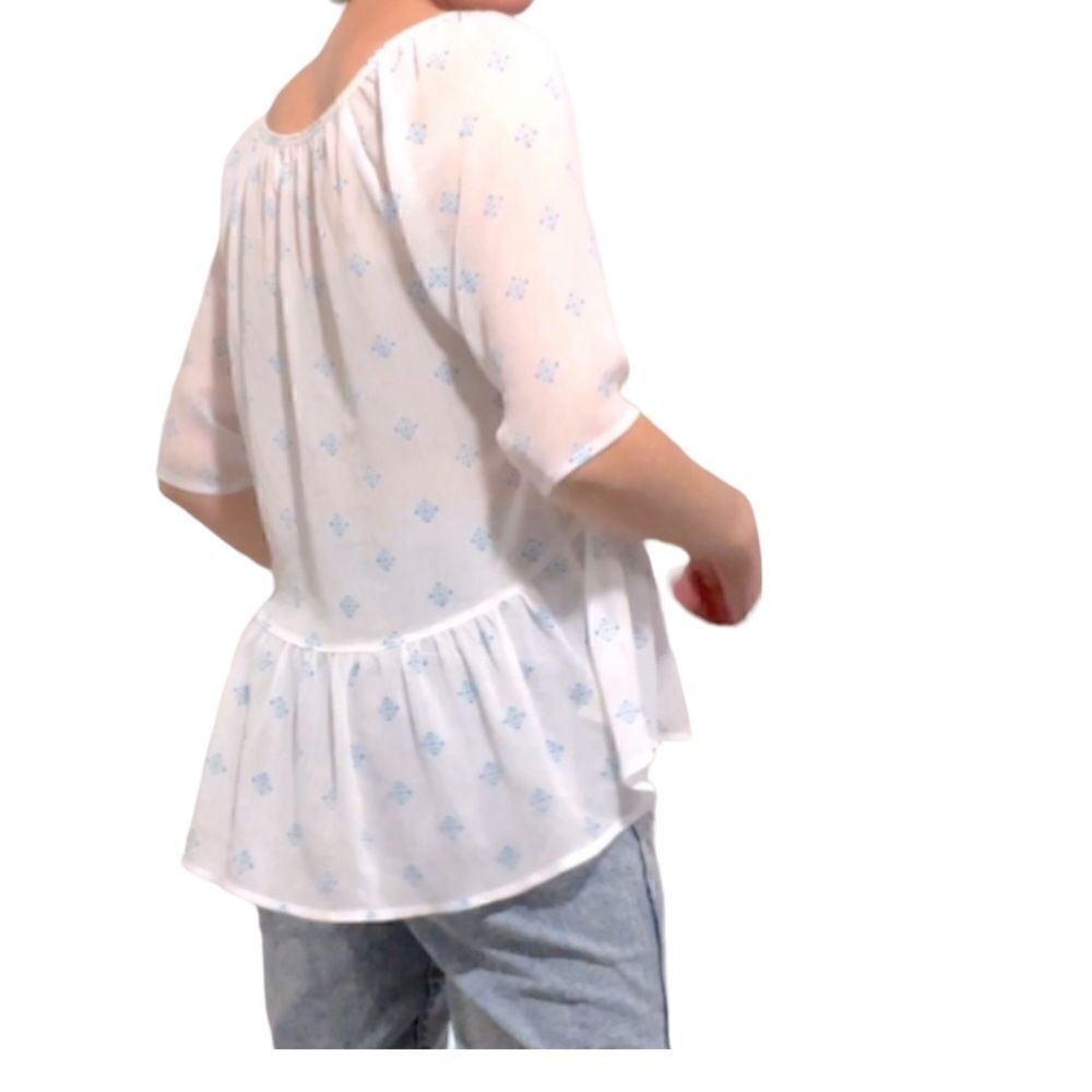 Hollister Flowey White Peplum Blouse with Blue Pattern and Tie Front M